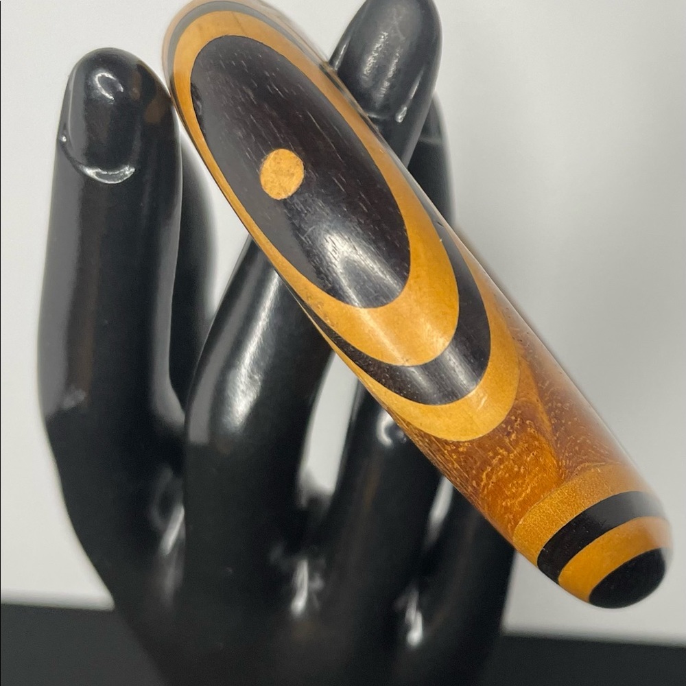 Retro Wooden Bangle Bracelet with Black Geometric Circles